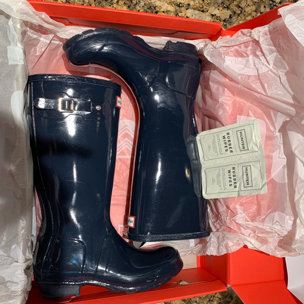 Hunter High Gloss Boots, Navy